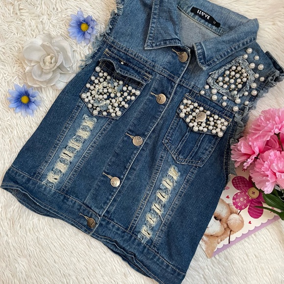 Y2K Llove Pearl distressed sleeveless denim vest - Picture 5 of 11